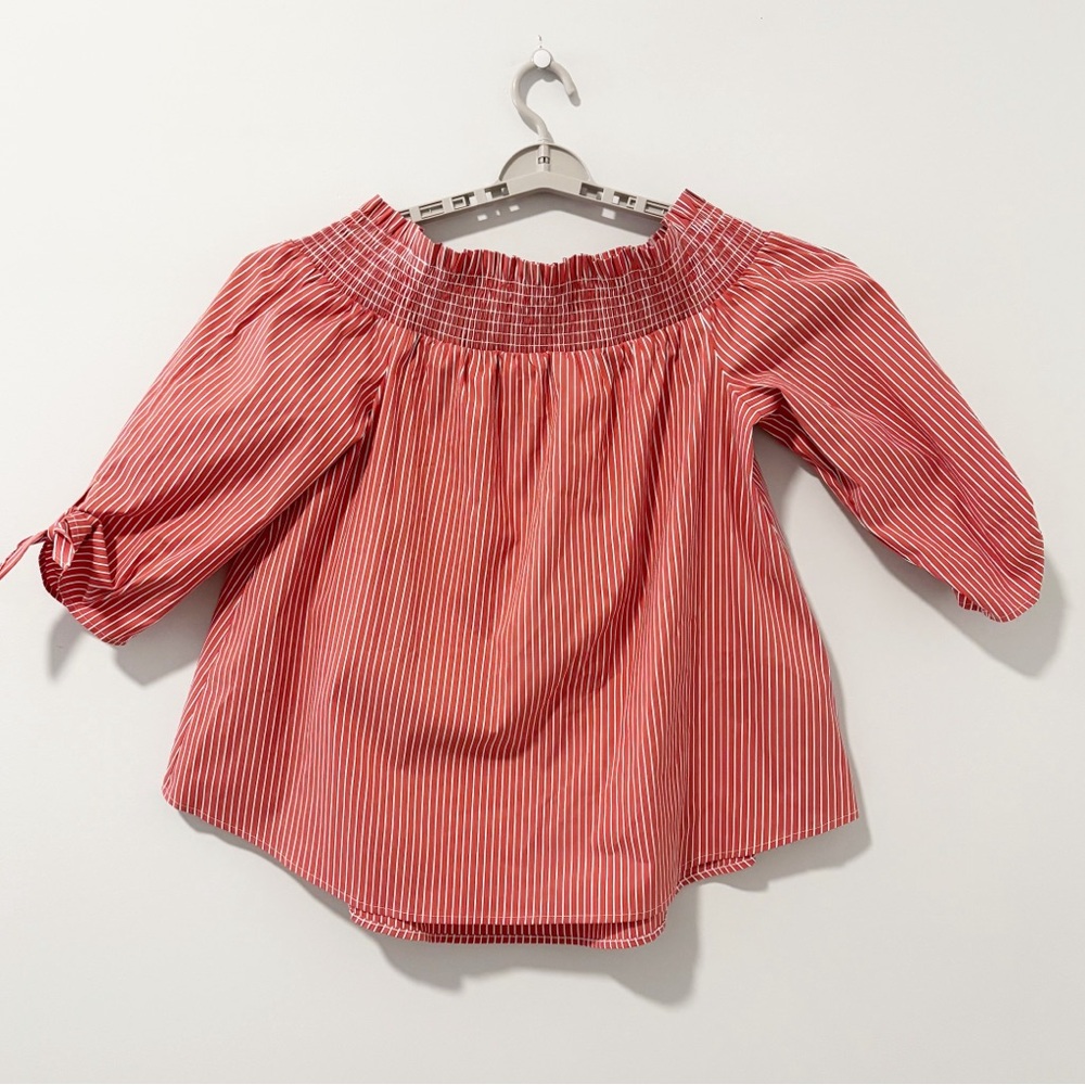 Chico's Poplin Striped Off the Shoulder Blouse Womens Size 2 Large‎ Smocked